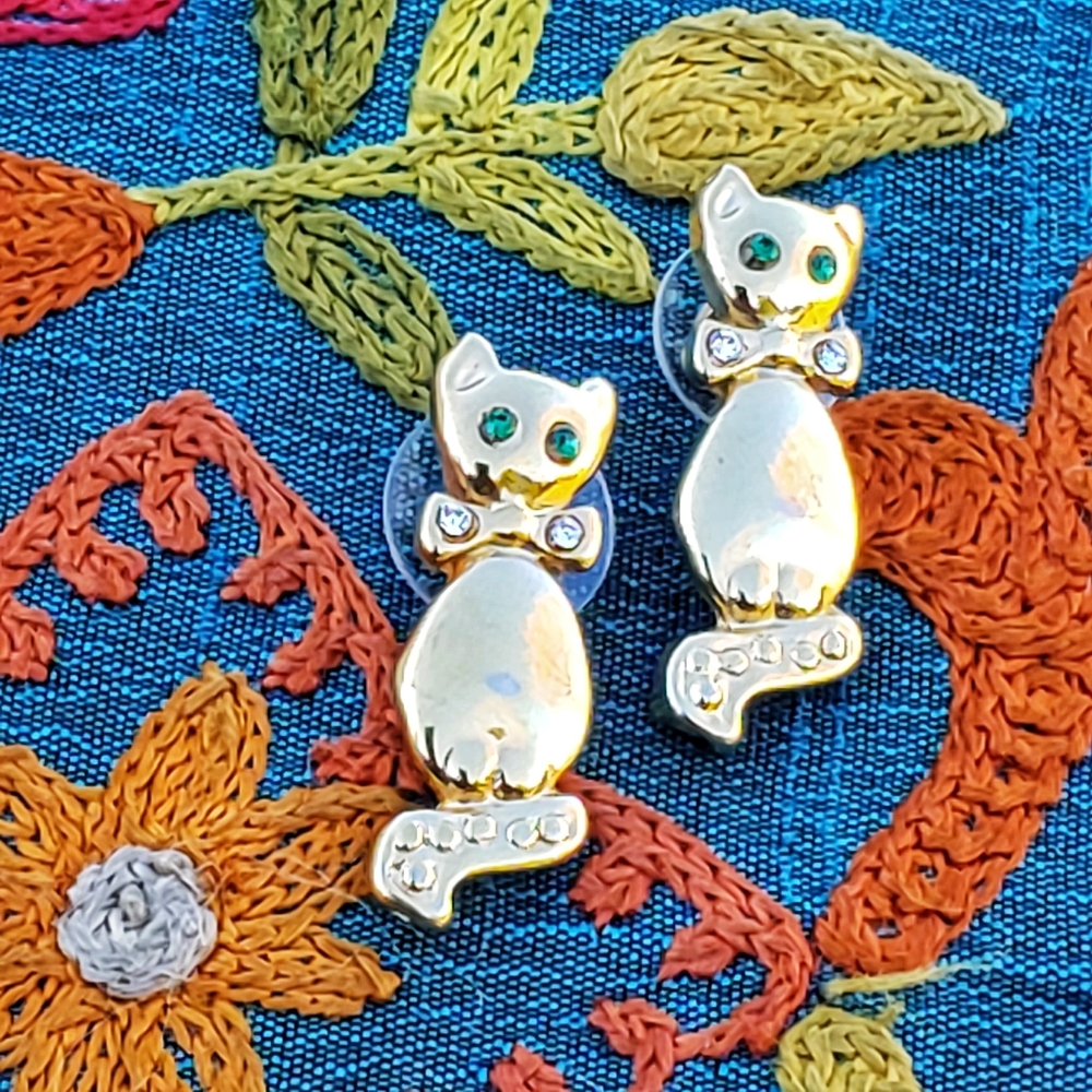 Vintage Cat Earrings Dangle Rhinestones Post